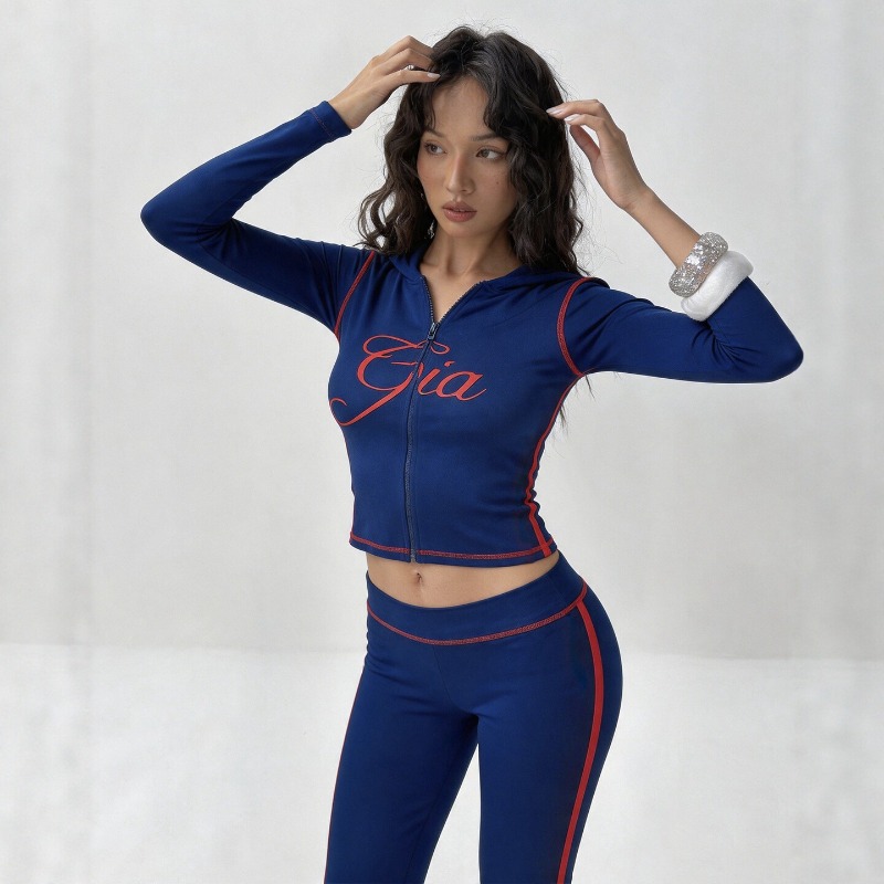 Embroidery Online - Women Letter‑Print 2‑Piece Tracksuit, Zip‑Up Hooded